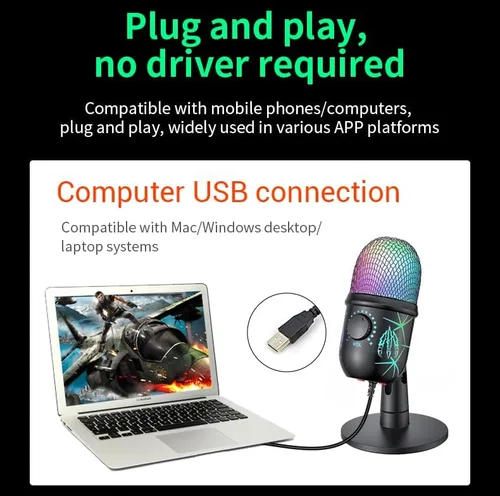Vista 6 de Micrófono USB para juegos, micrófono de condensador RGB para PC, Mac, PS4/PS5, grabación de podcast