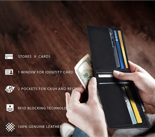 Vista 4 de Carteras RFID delgadas para hombres - Cartera de bolsillo frontal de piel genuina