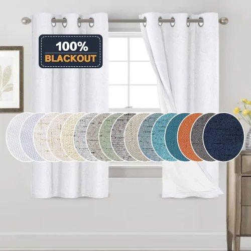 Vista 307 de PrinceDeco Cortinas con textura de lino 100% opacas de 64 pulgadas de largo, juego de 2 paneles de cortinas de lino opacas con forro aislante Arena