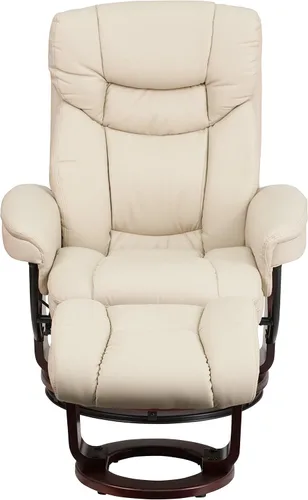 Vista 6 de Sillón reclinable y taburete de piel beige con base giratoria de madera caoba de Flash Furniture, Cuero, Beige