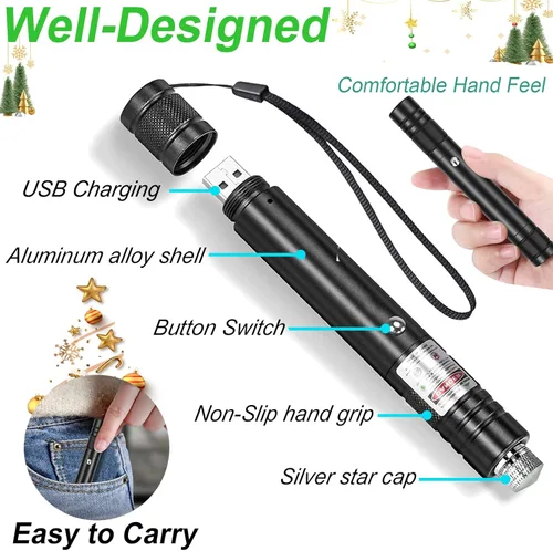 Vista 7 de Puntero láser verde de alta potencia, puntero láser verde recargable por USB, puntero de alta potencia, linternas tácticas, puntero láser, puntero