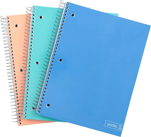 Yoobi Cuadernos con espiral de 8 x 10.5" con rayas universitarias - Juego de 3 cuadernos de 3 materias, azul, verde menta y rosa suave - Idea de
