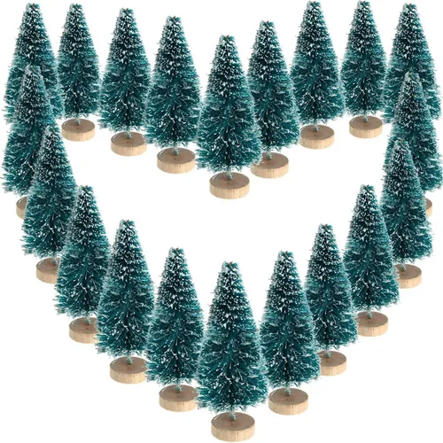 Vista 6 de 24 mini cepillos para botellas de árboles de Navidad con base de madera, mini árboles de plástico artificial para manualidades, adornos de nieve