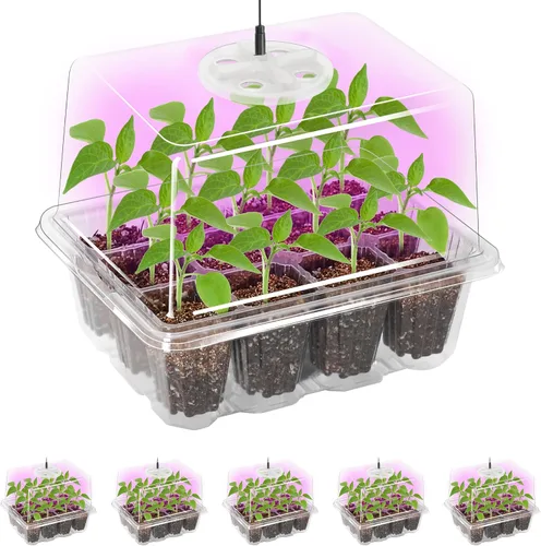 Vista 9 de Bonviee Paquete de 5 bandejas de inicio de semillas con luz para plantas, kits de bandejas de inicio de plántulas elevadas con cúpulas de humedad