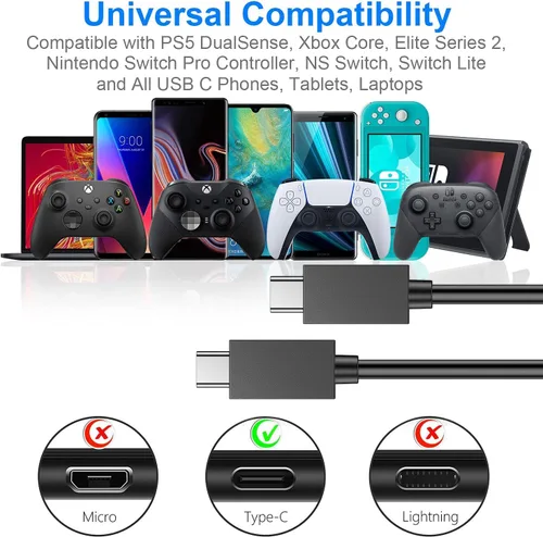 Vista 11 de Cargador para controlador PS5 – Pack de 2 cables de carga de 1.52 m OEM originales de 3A con cable de datos USB C a USB C, accesorios