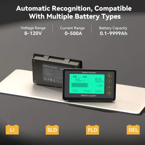 Vista 4 de power queen Monitor de batería de 500 A con derivación, alarma programable, rango de voltaje de 8 V-120 V, pantalla LCD, cable blindado de 20 pies
