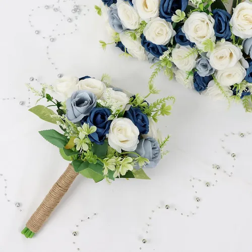 Vista 3 de Ramos para dama de honor para boda - Ramo de flores artificiales de 7 pulgadas para fiesta, ceremonia, aniversario, centros de mesa para mesa de Azul