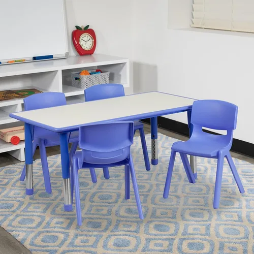 Vista 2 de Flash Furniture Emmy - Juego de mesa rectangular de plástico azul ajustable con 4 sillas, 23.625 pulgadas de ancho x 47.25 pulgadas de largo