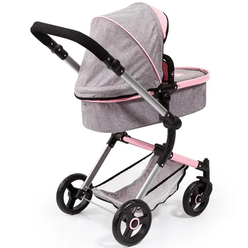 Vista 4 de Bayer: Cochecito versátil City Vario - Gris y rosa con mariposa para muñecas de hasta 20 pulgadas con mango ajustable y funcionalidad reversible