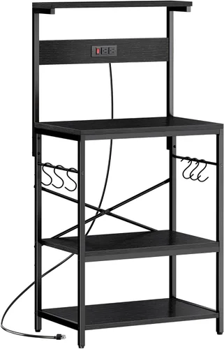 Vista 11 de SUPERJARE Estante de panadero de cocina con toma de corriente, mesa de bar de café de 4 niveles, soporte de microondas de cocina con 6 ganchos