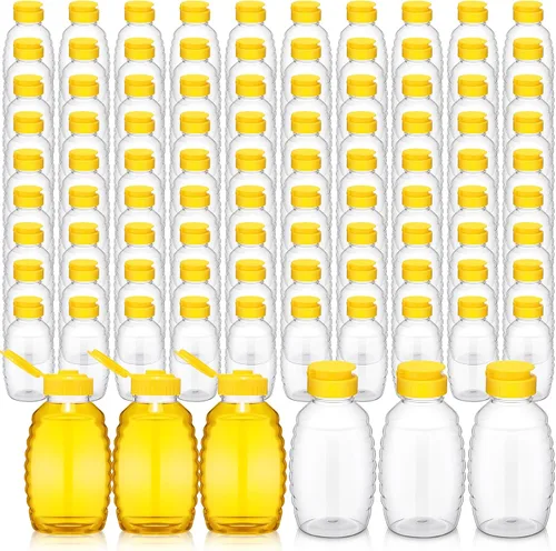 Tioncy 96 botellas de miel de plástico transparente de 16 onzas, frascos de miel con tapas, recipientes de botellas de miel, botellas vacías de oso