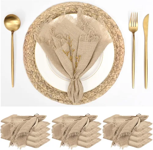 Vista 8 de Paquete de 12 servilletas de lino y algodón beige de 16 x 16 pulgadas, hechas a mano con flecos, servilletas de tela suave, lavables y rústicas