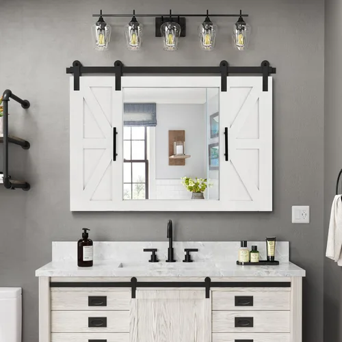 Vista 11 de COGOOD Espejo de puerta de granero de granja, 37 x 26 pulgadas, espejo con marco de madera rústica, decoración de pared para comedor, baño, sala