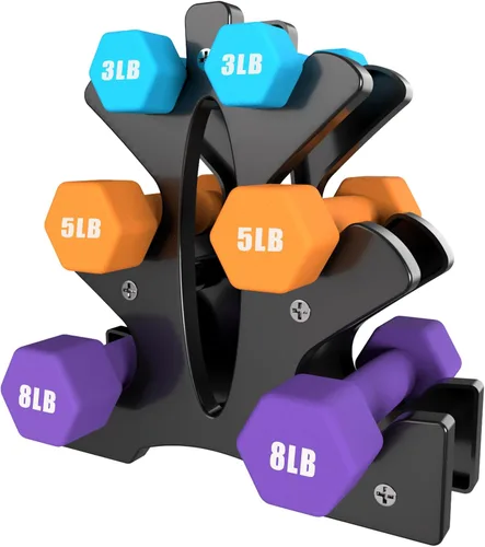 Portzon Weights Dumbbells Set 3, 5, 8, and 10 Pound Neoprene Dumbbell Free Hand Weight Set with Rack, Ideal for Home Exercises, 32 LB, Anti-Slip,