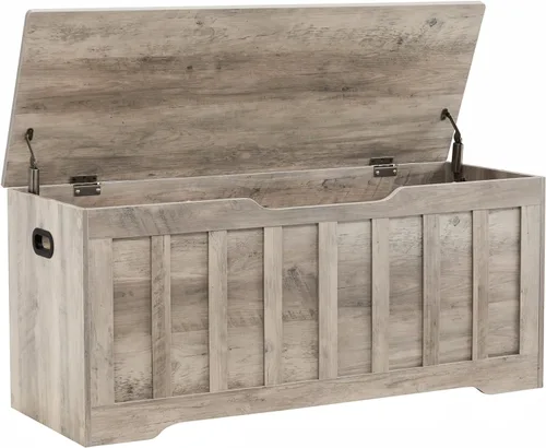 Vista 13 de VANKILEY Baúl de almacenamiento extragrande de 43.3 pulgadas, baúl de almacenamiento con 2 bisagras de seguridad, banco de almacenamiento de madera