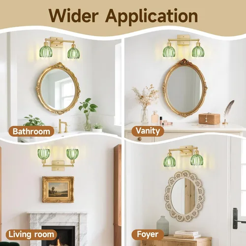 Vista 5 de Bathroom Lights Over Mirror,2-Light Vintage Vanity Light Fixtures,Retro Brass Bathroom Light, Flower Wall Sconce With Green Tulip Glass Shade For