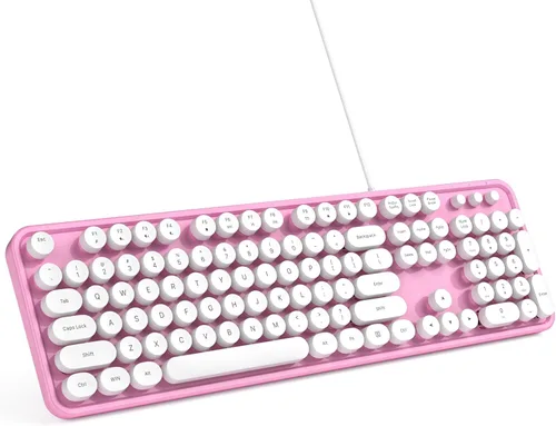 Vista 15 de Teclado de computadora con cable MOWUX, teclado retro redondo con cable USB de plug and play, teclado con cable de tamaño completo con soportes
