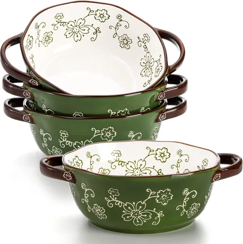 AVLA Paquete de 4 cuencos de sopa de cerámica, 22 onzas de porcelana con doble asa, grandes Crocks de cerámica para sopa de cebolla francesa,