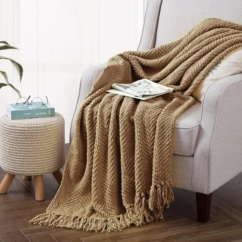 Vista 25 de Manta de punto suave con textura para sofá, manta de tweed crema con borlas de flecos para decoración del hogar, cama, sofá, silla, 50 x 60