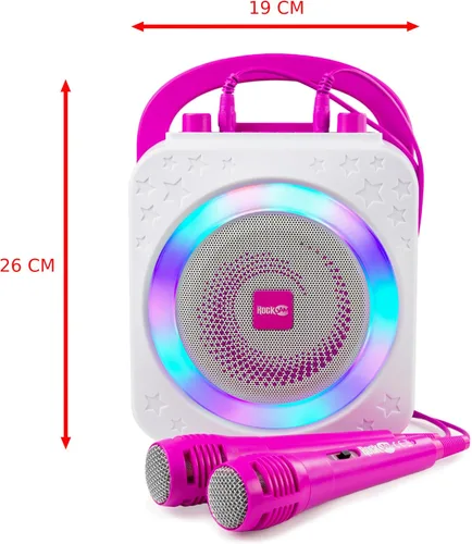 Vista 2 de RockJam Máquina de karaoke Bluetooth recargable de 10 vatios con dos micrófonos, luz de anillo y efectos de voz