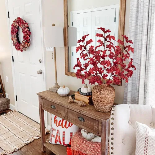 Vista 3 de GnFlus Tallos de hojas de otoño de 34.3 pulgadas de largo, hojas artificiales de roble sintético, tallos de otoño de roble para centro de mesa