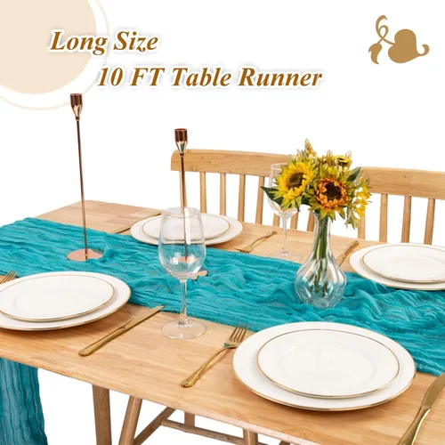 Vista 7 de Camino de mesa de gasa azul de 10 pies, estilo bohemio, rústico, transparente, de 120 pulgadas, decoración de mesa de gasa para despedida