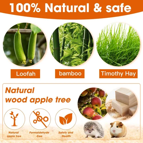 Vista 4 de 21 piezas de juguetes masticables para conejos para dientes, juguetes naturales de conejo de madera de durazno, hierba Timothy, palitos