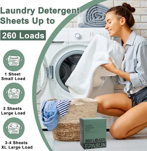 Vista 6 de Hojas de detergente para ropa de 260 cargas, aroma fresco, tiras de jabón ecológicas sin líquido, a base de plantas, suministros de lavado