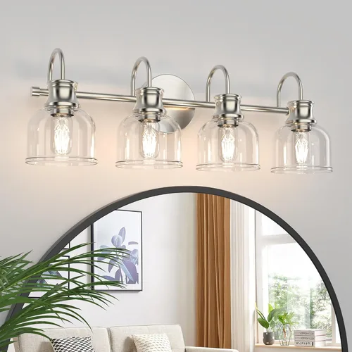 Vista 10 de Lámpara de tocador de baño de 3 luces, níquel cepillado, tradicional, clásica, con vidrio transparente, accesorios de iluminación de baño sobre
