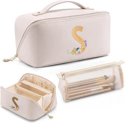 Vista 22 de Vlando - Bolsa de maquillaje con inicial personalizada, regalos personalizados para mujeres, Blanco-M