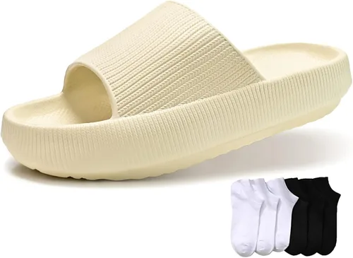 QIGEGE Cloud Slides for Men Women Pillow Slippers with Socks Super Cushioned Thick Bottom Soft Platform Sandals for Shower Bathroom Non-Slip, Indoor