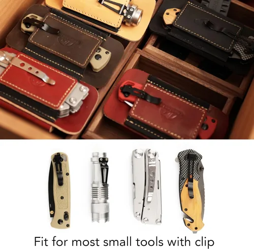 Vista 3 de Topstache Funda de cuero de transporte horizontal para cinturón, cuero natural con banda elástica EDC para cuchillos, organizador de bolsillo