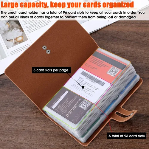 Vista 6 de Soporte para tarjetas de crédito RFID, organizador de tarjetas de visita de cuero con 96 ranuras para tarjetas, protector de funda para tarjetas