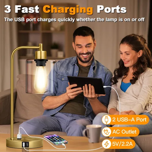 Vista 5 de Juego de 2 lámparas de mesa con control táctil, industriales, con 2 puertos USB y enchufe de CA, lámparas de mesita de noche, regulables de 3 vías