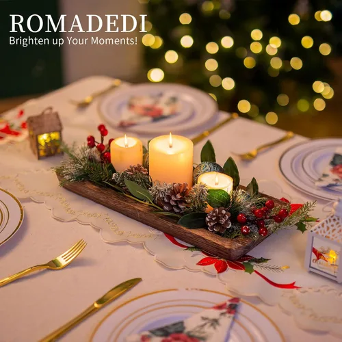 Vista 5 de Romadedi Bandeja decorativa de madera para velas, bandeja larga y estrecha de madera, decoración del hogar, centros de mesa rústicos, bandejas