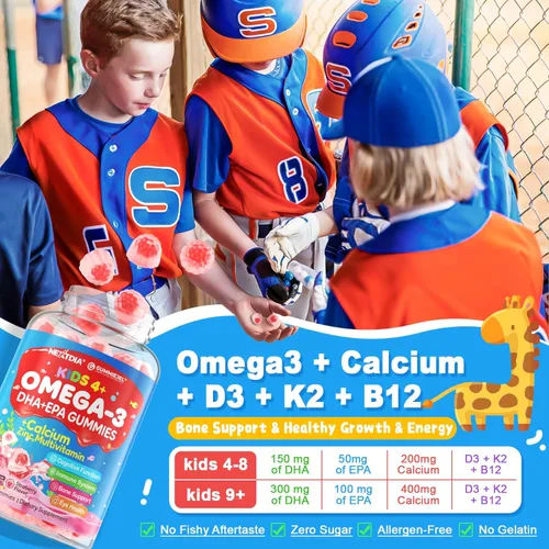 Vista 5 de Nextdia Gomitas rellenas de Omega 3 (EPA/DHA) para niños y adolescentes con multivitamínico, calcio + D3 + K2 + zinc, más vitamina A B1 B2 B12 C