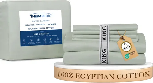Vista 12 de Therapedic Juego de sábanas Queen de 6 piezas 100% algodón egipcio, satén naturalmente refrescante y transpirable, lavado suave preencogido, sábana