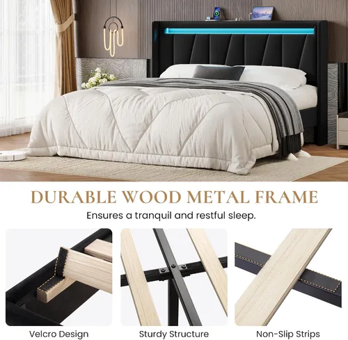 Vista 7 de SHA CERLIN Marco de cama tamaño completo con estación de carga y luces LED, cama moderna de plataforma de terciopelo con cabecera tapizada