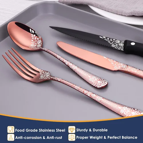 Vista 7 de EUIRIO Juego de cubiertos de oro rosa de 36 piezas con cuchillos para carne, juego de cubiertos para 6, juego de cubiertos de espejo de acero