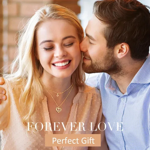 Vista 5 de Collares de corazón en capas para mujer, chapados en oro de 14 quilates, circonita cúbica con dije de corazón con inicial A-Z, collares de cadena