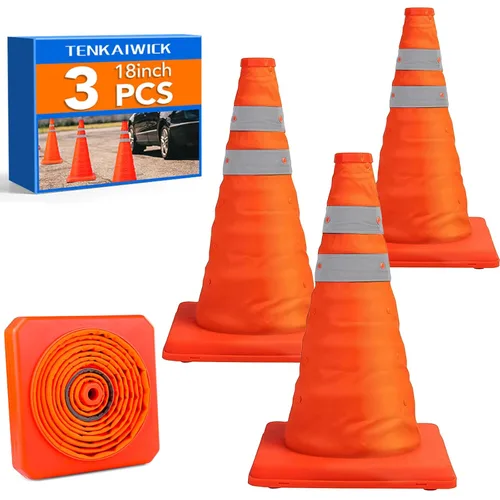 Paquete de 3 conos de seguridad plegables de tráfico de 18 pulgadas, conos de estacionamiento con collares reflectantes, conos de seguridad naranjas