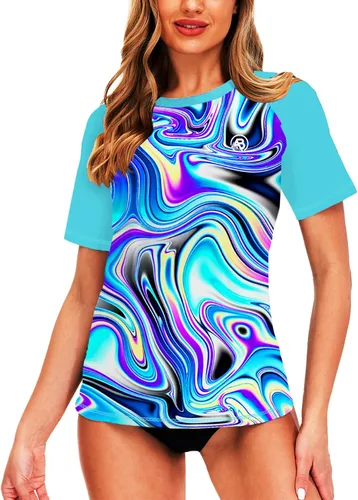 Vista 25 de AOBUTE Camisetas de natación tipo rash guard de manga corta para mujer con protección solar y diseño degradado Degradado Auqa Blue