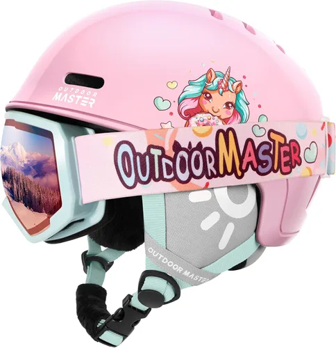 OutdoorMaster - Juego de casco y gafas de esquí para niños, casco de snowboard, carcasa de PC duradera y espuma EPS, casco de nieve con 12 Rosa