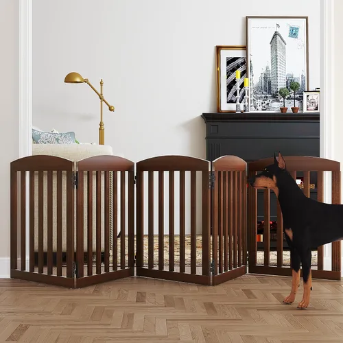 Vista 12 de SPIRICH Puerta para perros interior, Puertas para perros para puertas, escaleras, la casa, puerta plegable para mascotas de madera independiente