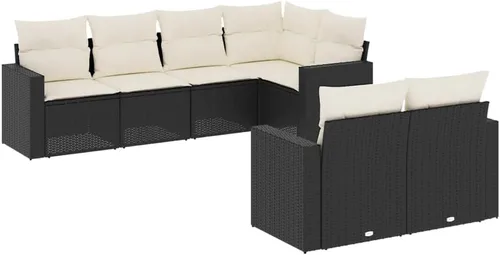 Vista 3 de 7-Piece Modular Outdoor Sofa Set in Black and Cream White, Durable PE Rattan and Steel Construction with Removable Cushions, Versatile Seating for