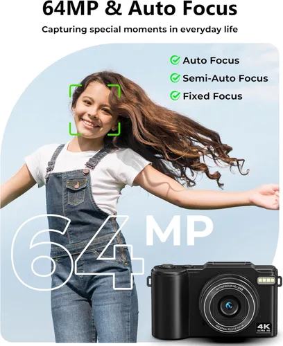 Vista 3 de Cámara digital 4K para fotografía, cámara de vlogging de 64 MP para YouTube con pantalla abatible de 180°, cámara de video de enfoque automático UHD