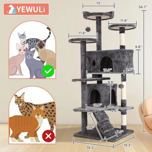 Vista 7 de Árbol para gatos de 54 pulgadas, torre de escalada para gatos con poste rascador, casa para gatos con percha, árbol para gatitos, condominio