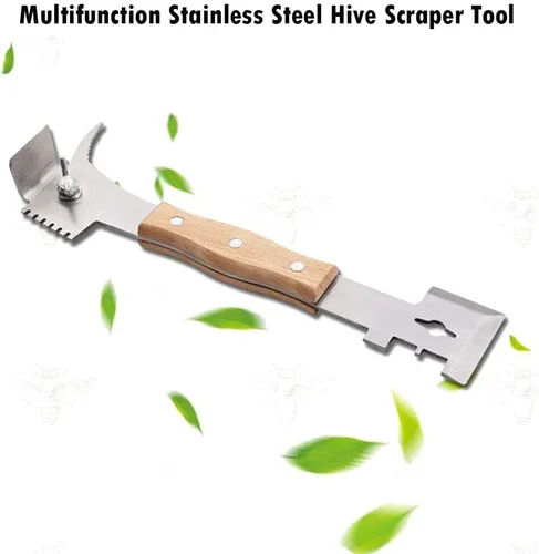Vista 2 de AukBeeFun Herramientas de colmena de acero multiusos con mango de madera y herramienta de raspador de colmena de abejas con 7 funciones Equipo