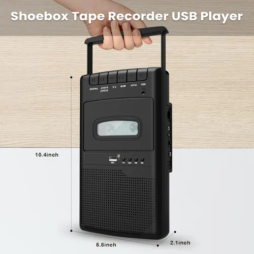 Vista 6 de Reproductor de casetes retro y grabadora de cinta con micrófono independiente, convertidor digital portátil de cinta a USB, asa de transporte