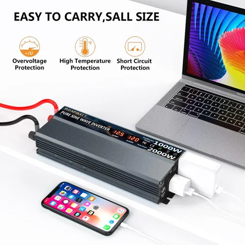 Vista 5 de Inversor de potencia de onda sinusoidal pura de 1000 W, 12 V CC a CA 110 V 120 V, potencia máxima de pico de 2000 W, con 2 tomas de CA, inversor